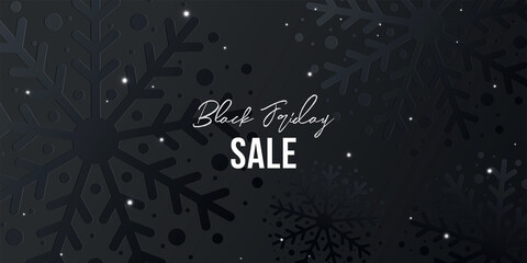 Black Friday Sale background for banner, poster or flyer design with sparkling falling snow on black texture background with pattern of snowflakes. Modern design template for social and fashion ads