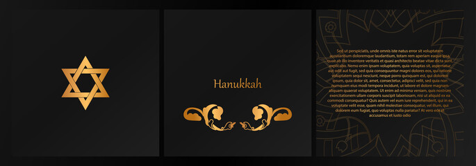 Fototapeta na wymiar the elegant design of the poster for Hanukkah with a picture of the star of David and a traditional ornament of the Jews in Golden colors. perfect for printing banners, posters, and other graphics. EP