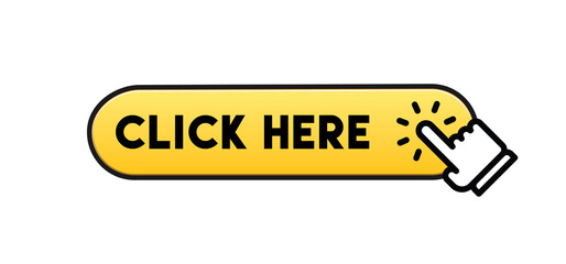 Click here button with hand clicking icon. 3d shiny style vector.