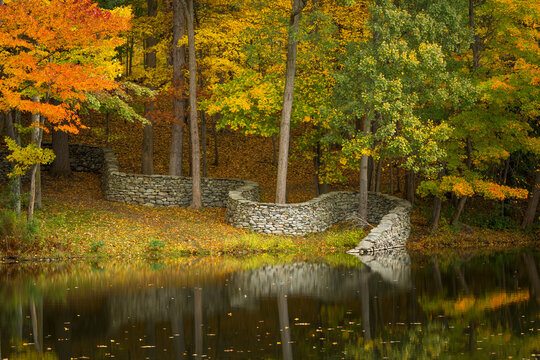 New Windsor, NY, USA - OCT 23, 2019: Storm King Art Center in Autumn. Besides the collection of more than 100 carefully sited sculptures, there are stunning colorful fall foliage scenery also.