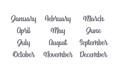 Handwritten names of months: December, January, February, March, April, May, June, July, August, September, October, November. Calligraphy words for calendars and organizers.