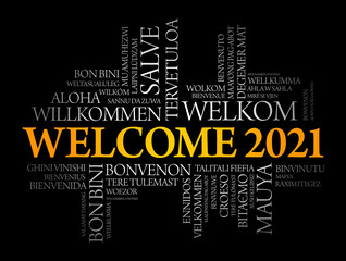 WELCOME 2021 word cloud in different languages, conceptual background
