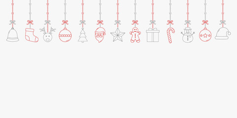 Hanging Christmas ornaments on bright background. Festive decoration. Vector
