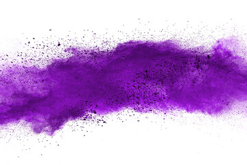 Freeze motion of purple color powder exploding on white background. 