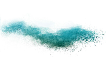 Freeze motion of green color powder exploding on white background.