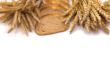 Delicious bread. Fresh loaf of rustic traditional bread with wheat grain ear or spike plant...