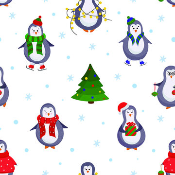 Vector winter new year Christmas seamless pattern with penguins and Christmas tree. New year pattern in flat style with penguins in sweaters, hats, ice skates, scarves with gifts and décor