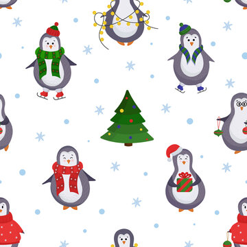 winter new year Christmas seamless pattern with penguins and Christmas tree. New year pattern in flat style with penguins in sweaters, hats, ice skates, scarves with gifts and décor