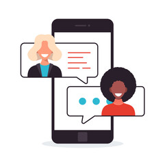 Social media messenger networking. Two Businesswoman chat. Flat cartoon Vector illustration for web banner, infographics, mobile. Smart phone with dialog bubble. People face avatar on a screen.