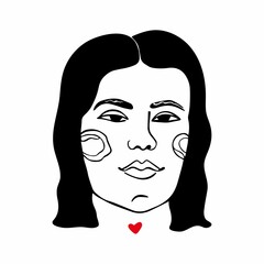 Vector illustration portrait of a young girl. Red heart, face of a beautiful girl black and white illustration, avatar is isolated on a white background.