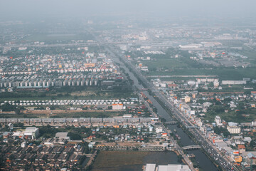 Aerial view of Bangkok, Thailand. Fields and rivers. Bird's-eye view.