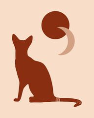 Cat Silhouette with a Сrescent and a Sun or a Planet on a Beige Background