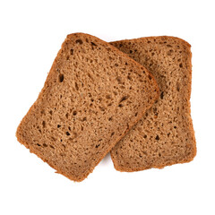 Rye bread, two pieces of sliced brown bread isolated on white background, close up macro high resolution.