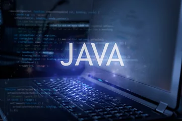 Foto op Plexiglas Java inscription against laptop and code background. Learn java programming language, computer courses, training. © Maria Vonotna