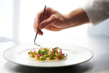 Chef Preparing Dish In Kitchen.  Decorating Dish, Closeup