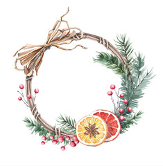 Hand-drawn watercolor Christmas wreath. A wreath composed of pine branches, winter berries, dried orange and bow. For invitations, greeting cards, posters