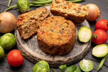 Fresh veggie burgers made from vegetables, beans and legumes, tasty vegan food