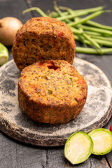 Fresh veggie burgers made from vegetables, beans and legumes, tasty vegan food