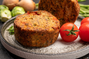 Fresh veggie burgers made from vegetables, beans and legumes, tasty vegan food