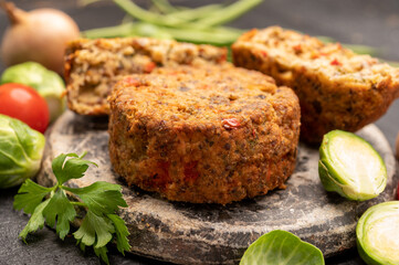 Fresh veggie burgers made from vegetables, beans and legumes, tasty vegan food