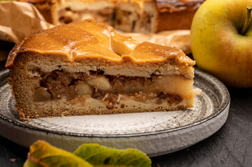 Fresh baked apple cake or pie, filled with sweet apples, raisins and cinnamon