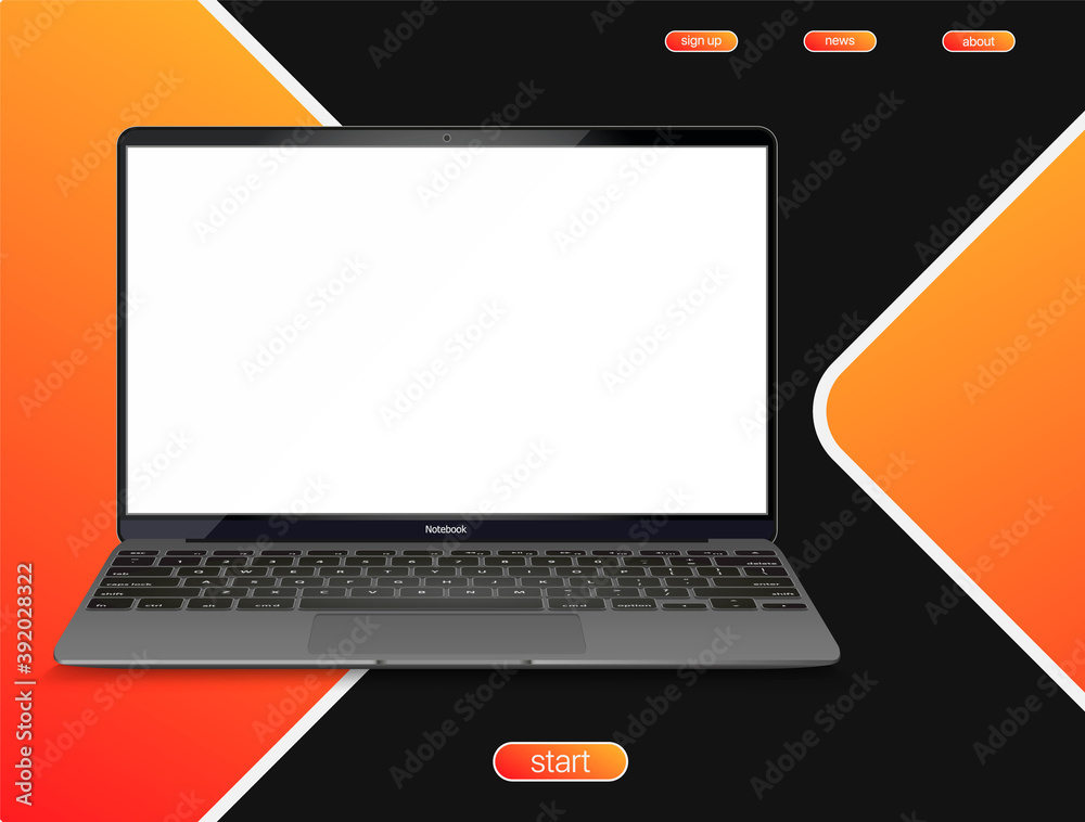 Poster realistic open laptop with black screen isolated on background. vector illustration.