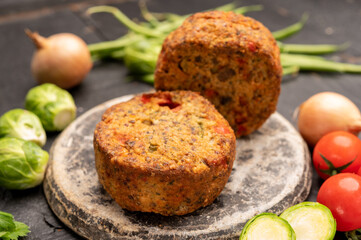 Fresh veggie burgers made from vegetables, beans and legumes, tasty vegan food