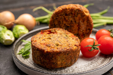 Fresh veggie burgers made from vegetables, beans and legumes, tasty vegan food