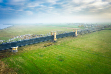 Aerial landscape of the Vistula river and railway bridge in Tczew, Poland