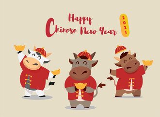 Happy Chinese new year 2021 Ox zodiac. Cute cow character in red costume. Translated: Happy Chinese New Year.