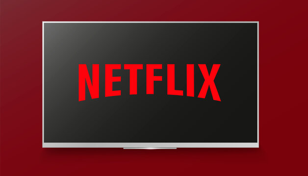 LCD TV hanging on the wall with netflix video player on the screen, vector eps10 illustration
