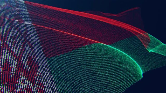 3d render. Belarus digital flag with binary code texture flies in the wind. Seamless loop.