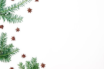 Christmas festive concept of evergreen branches with anise on white background. Winter background. Flat lay