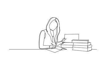 Continuous line drawing of young woman studying and reading with stack of books. One line art of education concept. Vector illustration