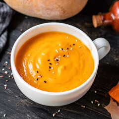 pumpkin cream soup eat first course healthy meal snack ingredient top view copy space for text food background rustic keto or paleo diet