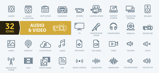 Audio Video Icons Pack. Thin line icons set. Flat icon collection set. Simple vector icons - obrazy, fototapety, plakaty