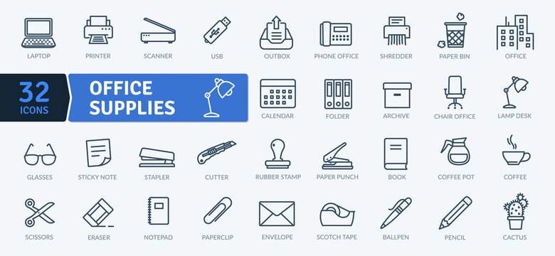 Office supplies line icons collection. Statiry items, Business tools, Work  essentials, Writing materials, Desktop accessories, Paper goods, Desk Stock  Vector Image & Art - Alamy