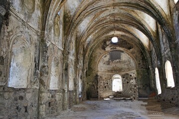 Fototapeta na wymiar Abandoned church, High Church in Kayakoy (Karmylassos) from 17th Century, Fethiye, Turkey