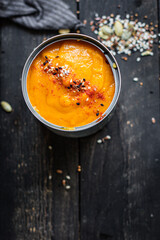 pumpkin cream soup eat first course healthy meal snack ingredient top view copy space for text food background rustic keto or paleo diet