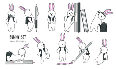 Set of Hand drawn vector white bunnies. Cartoon bunny with backpack, books in school. Cute scketch character design. Rabbit schoolboy in funny poses. Doodle icon. Simple line stickers. Back to school
