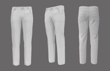 Men's jeans mockup in front, side and back views. 3d rendering, 3d illustration