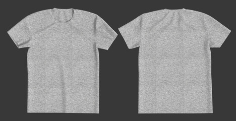 men's grey short sleeve t-shirt mockup in front and back views, design presentation for print, 3d illustration, 3d rendering