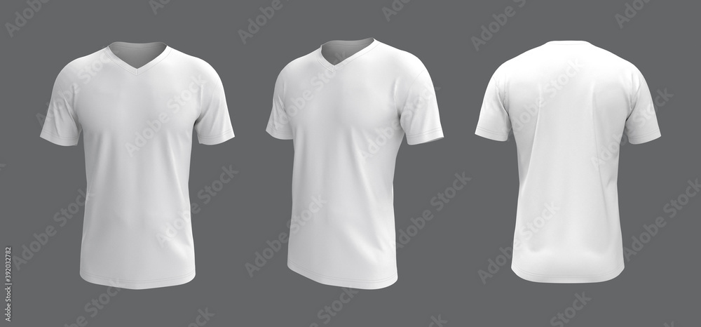 Sticker men's white v-neck short sleeve t-shirt mockup in front, side and back views, design presentation fo - Stickers