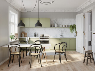 3d rendering of a pale green a Scandinavian style  kitchen with white marble and a table with black chairs.