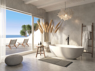 3d Mediterranean Greek island style bathroom with a bathtub and a view to the aegean sea - obrazy, fototapety, plakaty