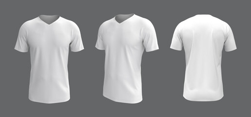 men's white v-neck short sleeve t-shirt mockup in front, side and back views, design presentation for print, 3d illustration, 3d rendering