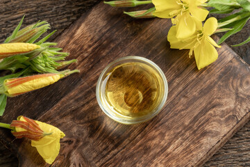 Evening primrose oil in a bowl, top view