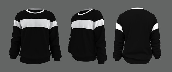 Black colorblock sweatshirt mock up in front, and back views, isolated on gray, 3d rendering, 3d illustration