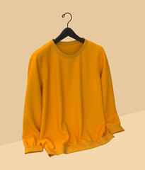Blank yellow sweatshirt mockup in front, and back views, isolated on peach background, 3d rendering, 3d illustration
