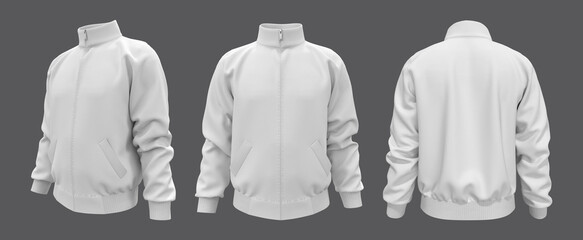 White tracksuit top mockup in front, side and back views,  sportswear, 3d illustration, 3d rendering